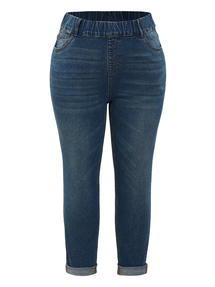 Plain Elastic Waist Medium Wash Roll Hem Jeans - Image 15