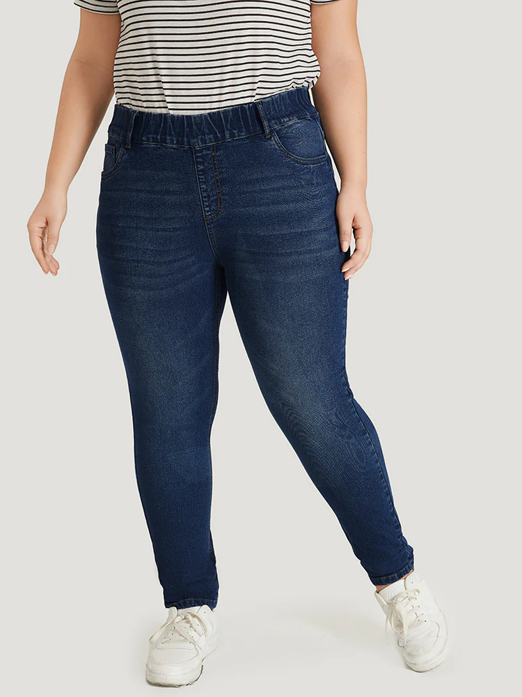 Plain Elastic Waist Medium Wash Roll Hem Jeans - Image 2