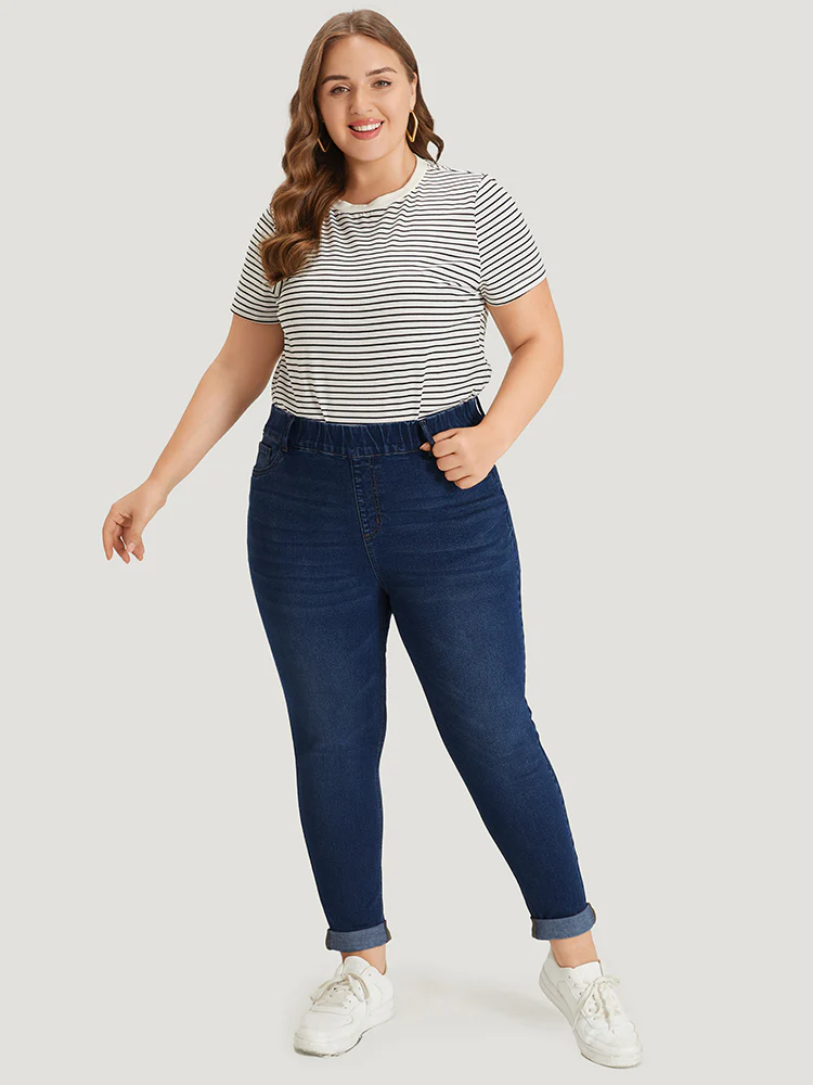 Plain Elastic Waist Medium Wash Roll Hem Jeans - Image 3