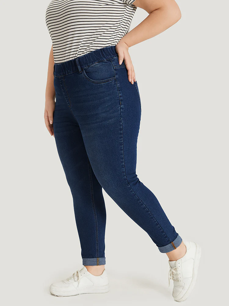 Plain Elastic Waist Medium Wash Roll Hem Jeans - Image 4