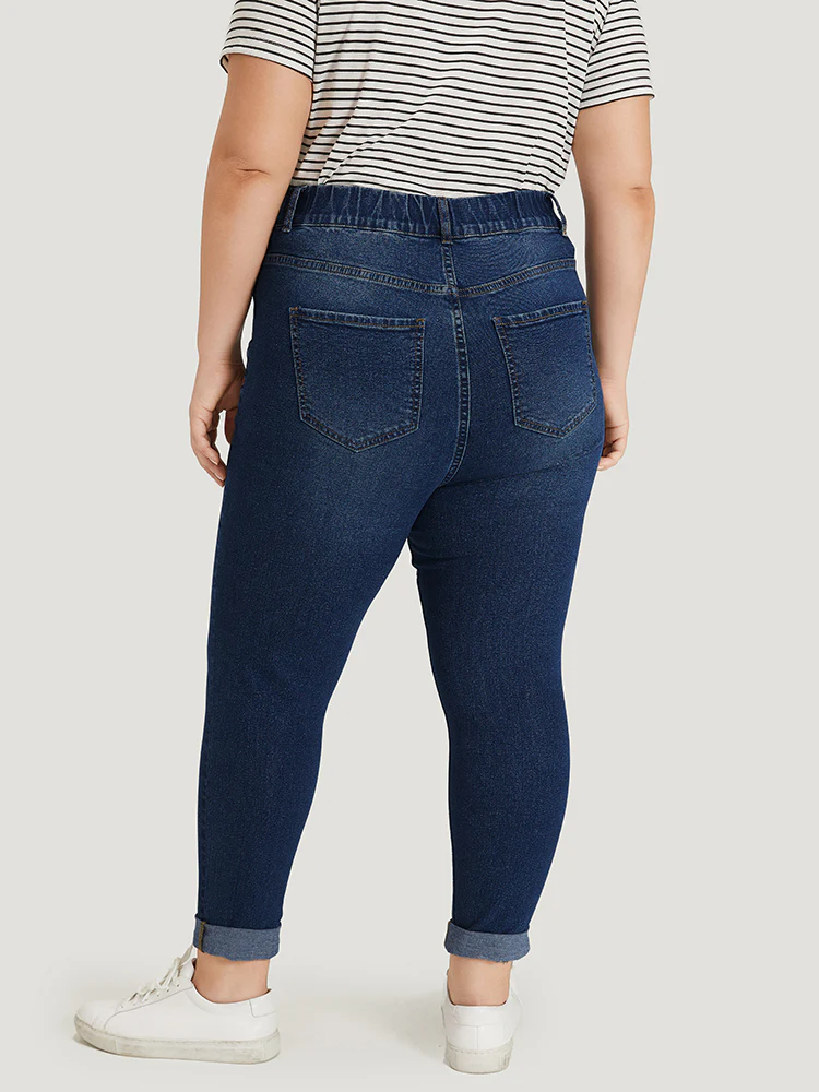 Plain Elastic Waist Medium Wash Roll Hem Jeans - Image 5
