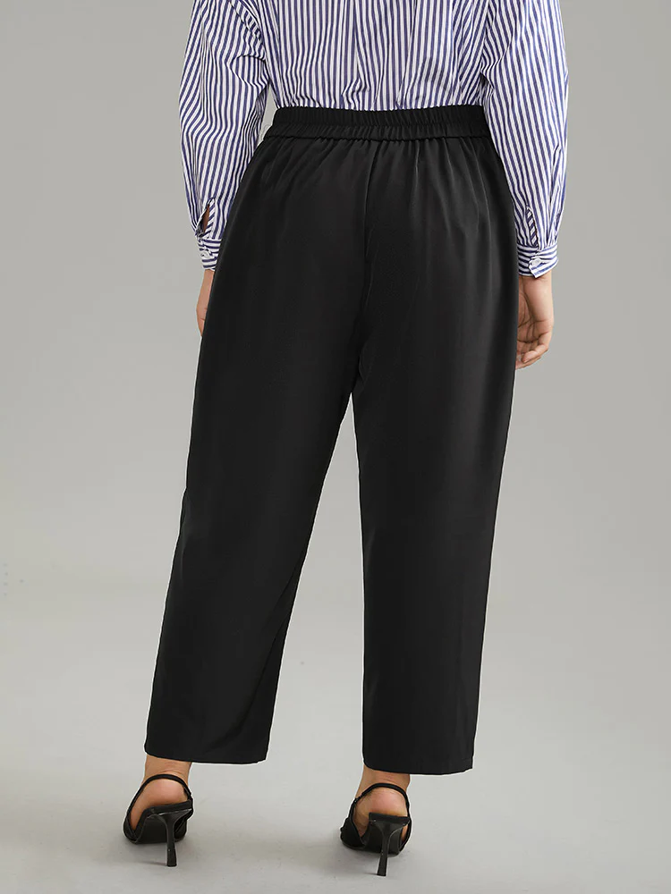 Plain Elastic Waist Pleated Button Detail Pants - Image 2