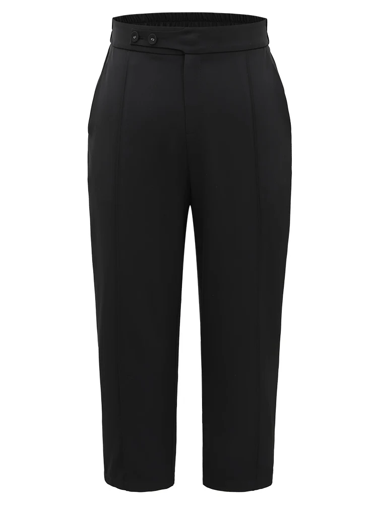 Plain Elastic Waist Pleated Button Detail Pants - Image 5