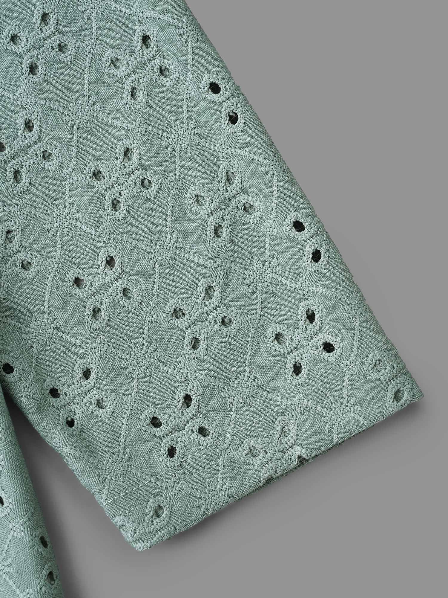 Plain Eyelet Jacquard Plisse T-Shirt - Image 7