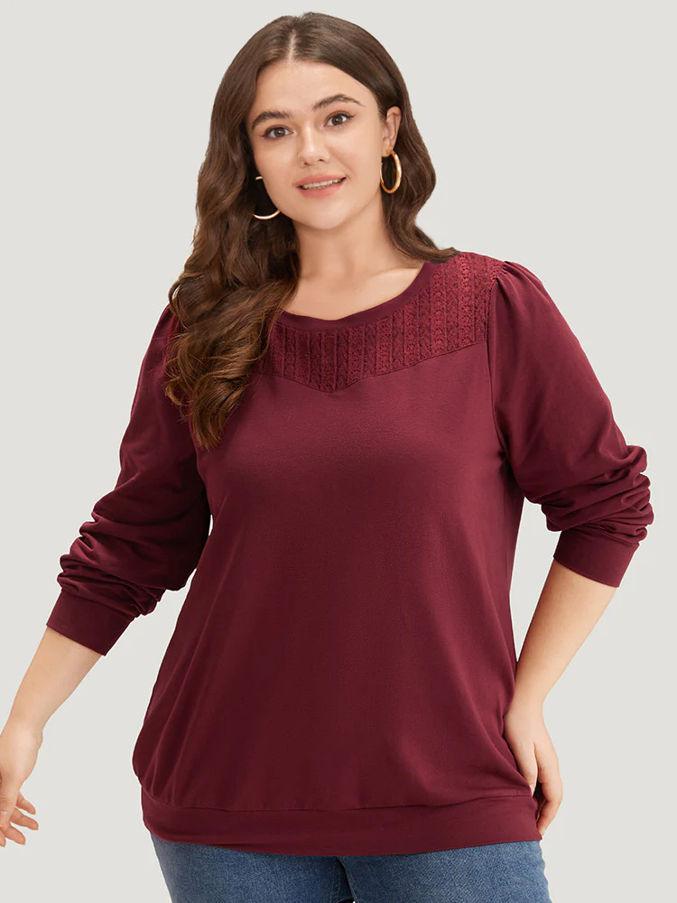 Plain Eyelet Lace Crew Neck Sweatshirt - Image 2