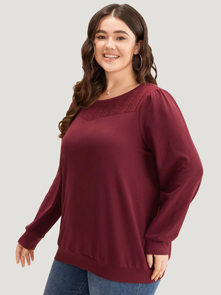 Plain Eyelet Lace Crew Neck Sweatshirt - Image 3