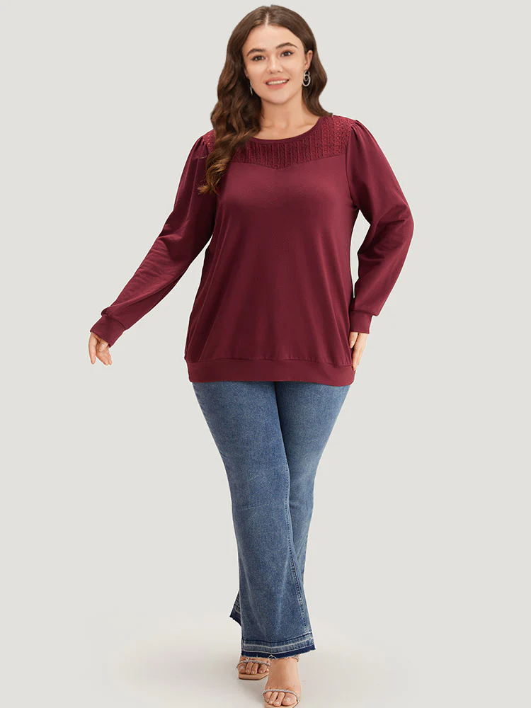 Plain Eyelet Lace Crew Neck Sweatshirt - Image 4