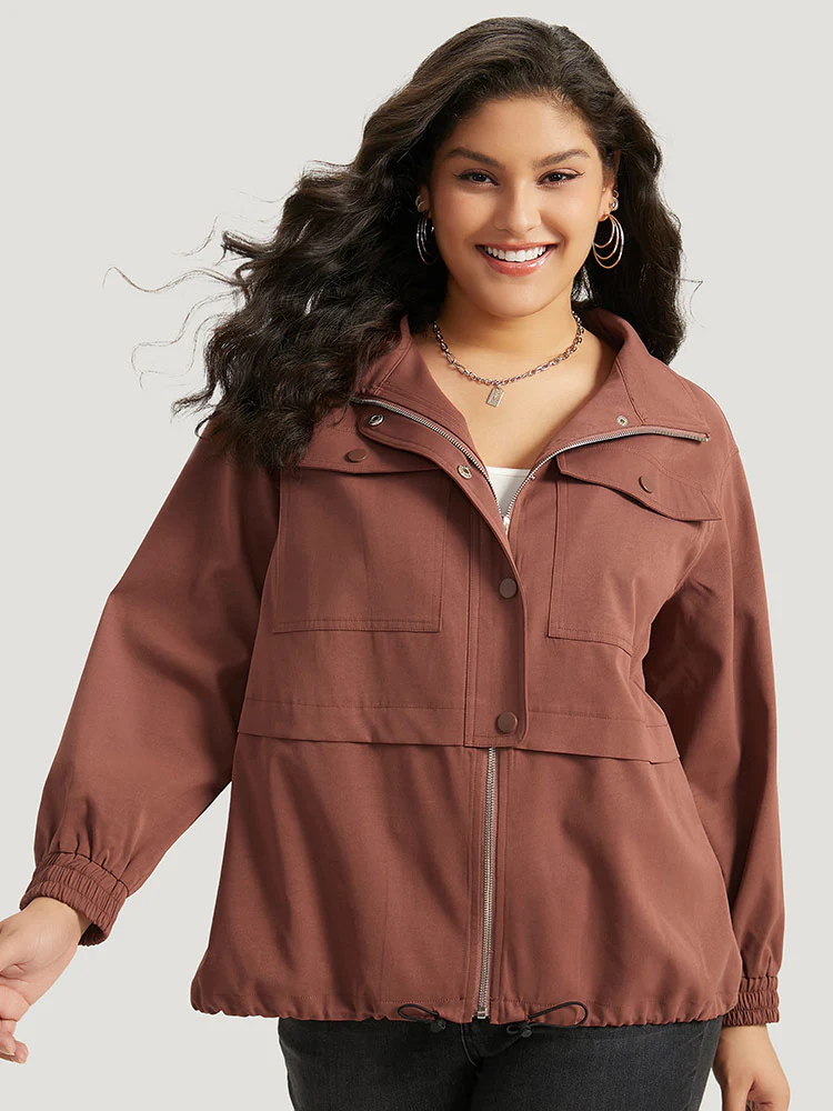 Halloween Plain Flap Pocket Shirred Drawstring Zipper Fly Jacket - Image 5