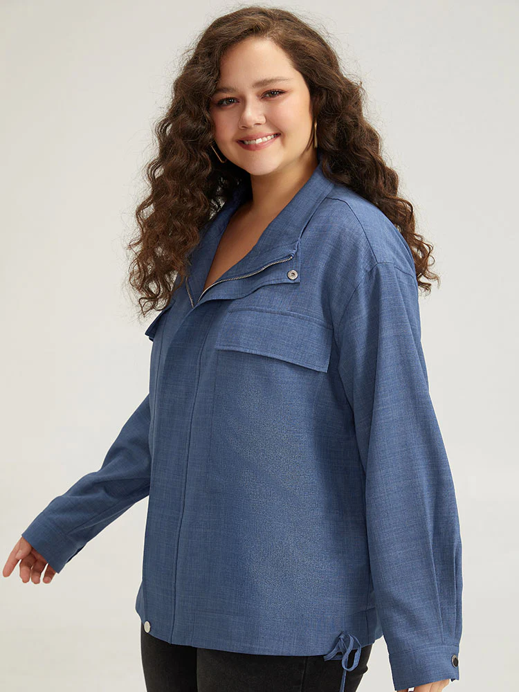 Plain Flap Pocket Zipper Lapel Collar Coat - Image 3
