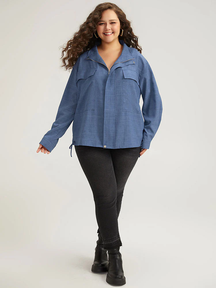 Plain Flap Pocket Zipper Lapel Collar Coat - Image 4