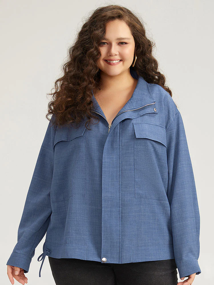 Plain Flap Pocket Zipper Lapel Collar Coat - Image 5