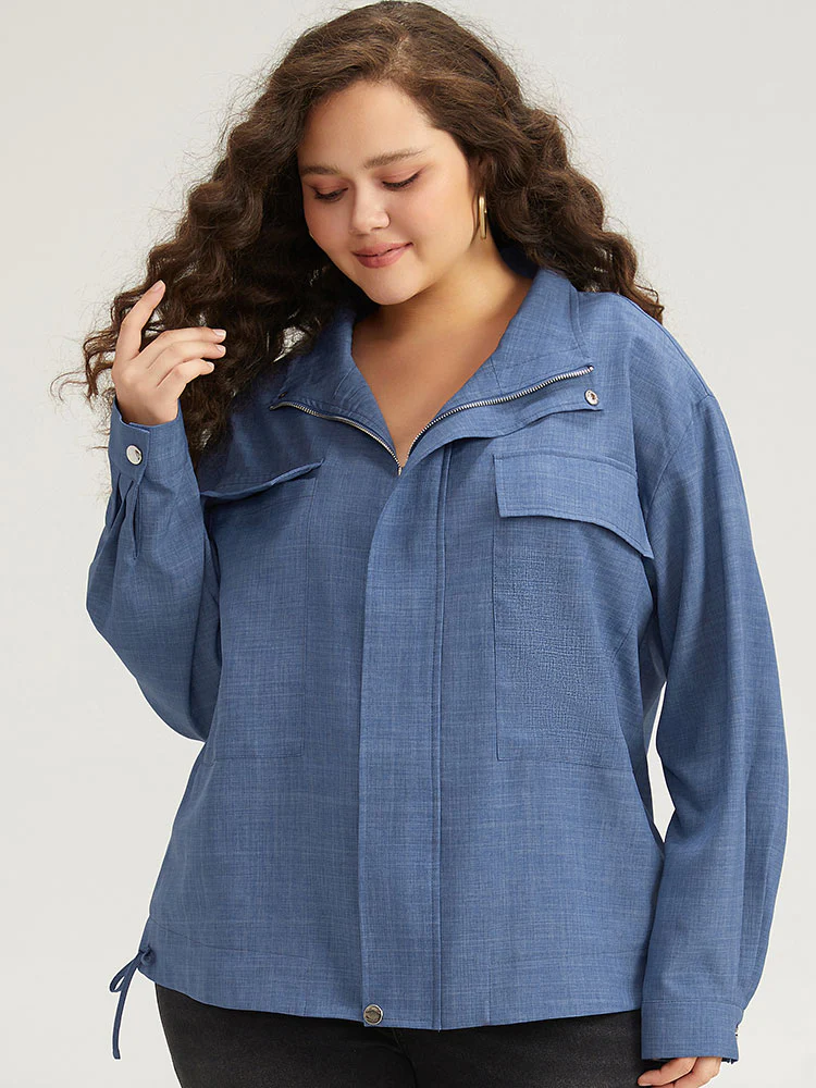 Plain Flap Pocket Zipper Lapel Collar Coat - Image 6