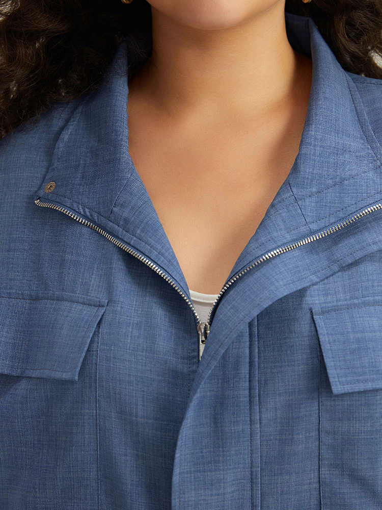 Plain Flap Pocket Zipper Lapel Collar Coat - Image 7