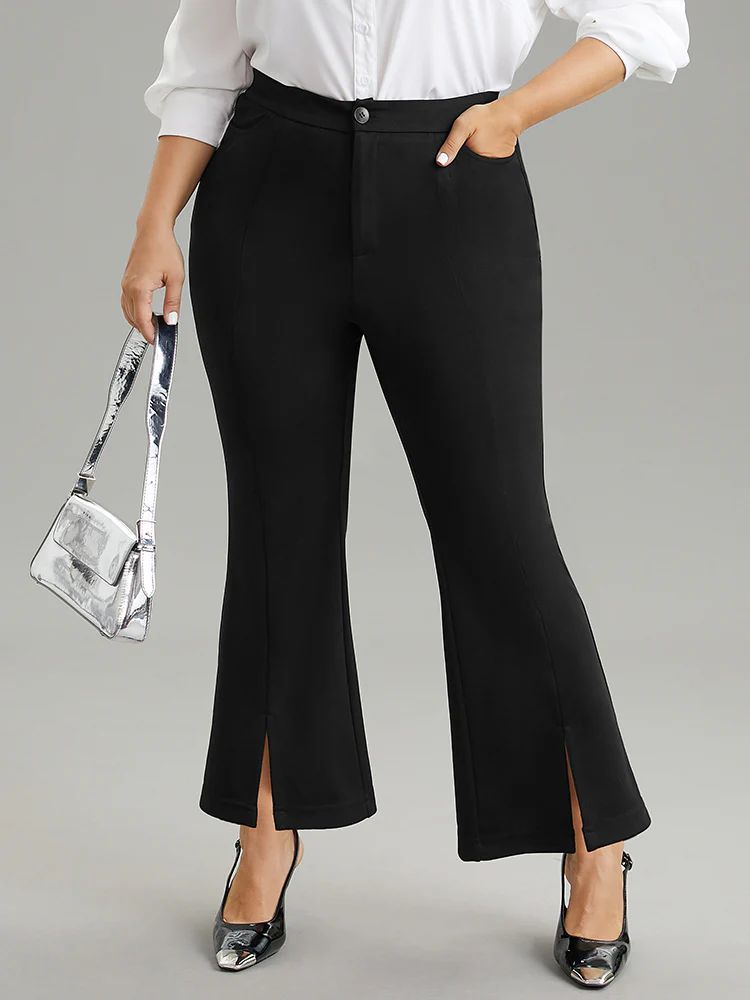 Plain Flare Leg Pocket Split Hem Pants - Image 2