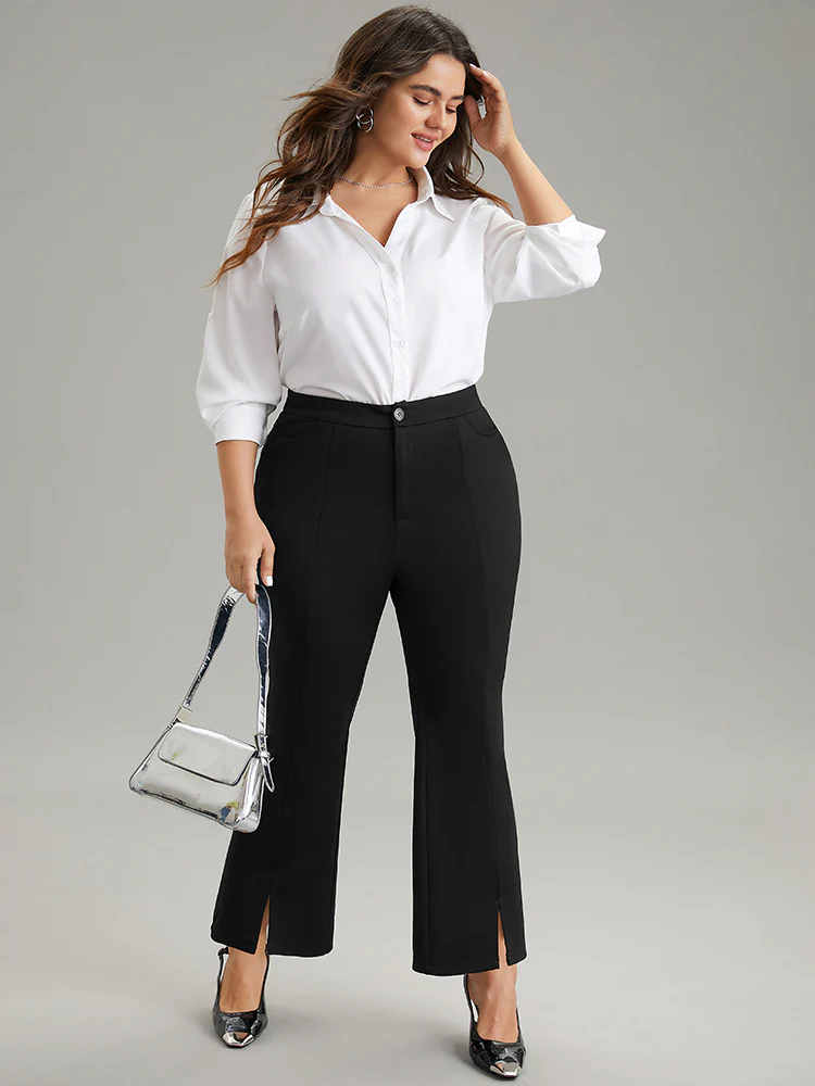 Plain Flare Leg Pocket Split Hem Pants - Image 4