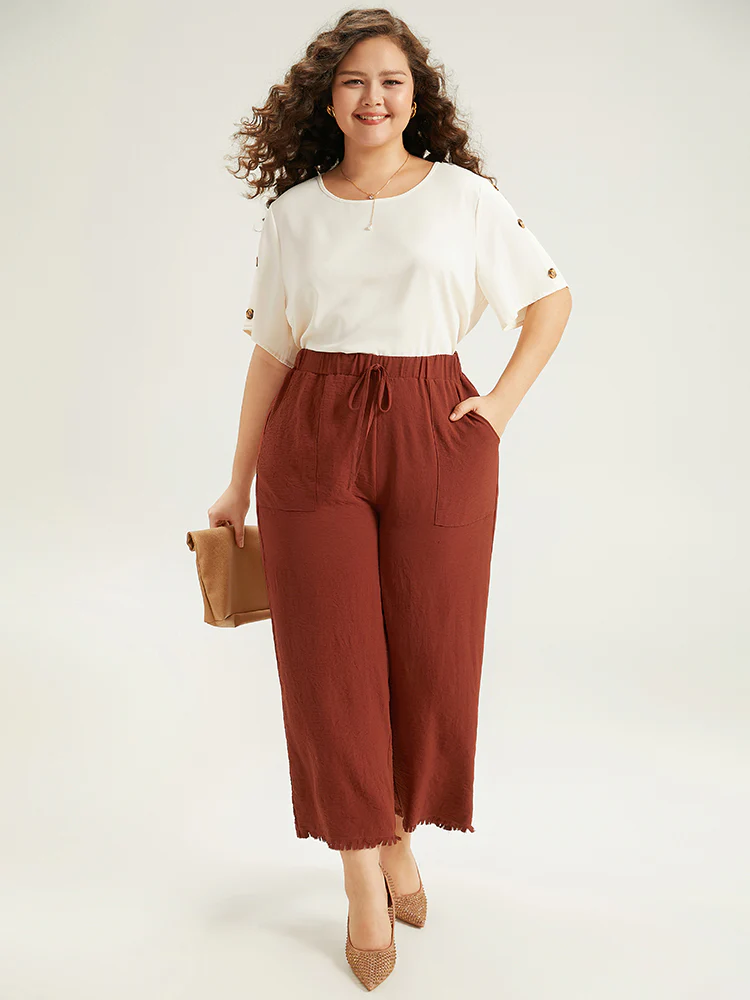 Plain Frayed Hem Pocket Bowknot Pants - Image 3