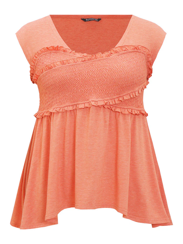 Plain Frill Trim Crossover Shirred Ruffles Sleeveless T-shirt - Image 10
