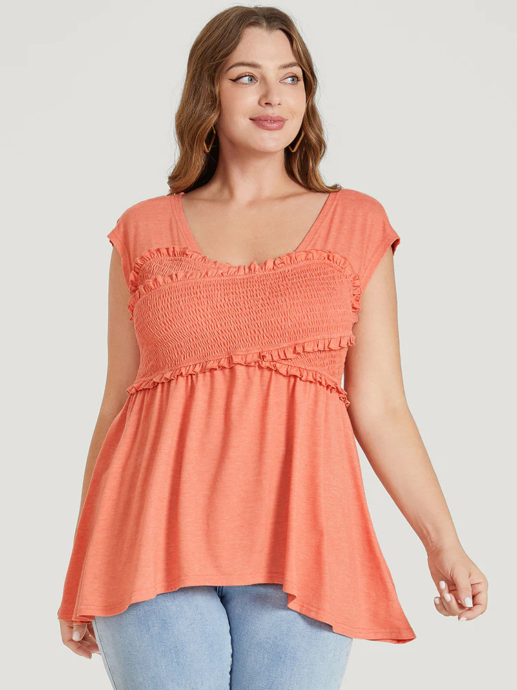 Plain Frill Trim Crossover Shirred Ruffles Sleeveless T-shirt - Image 3