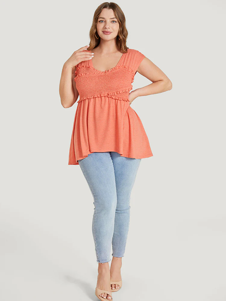 Plain Frill Trim Crossover Shirred Ruffles Sleeveless T-shirt - Image 4