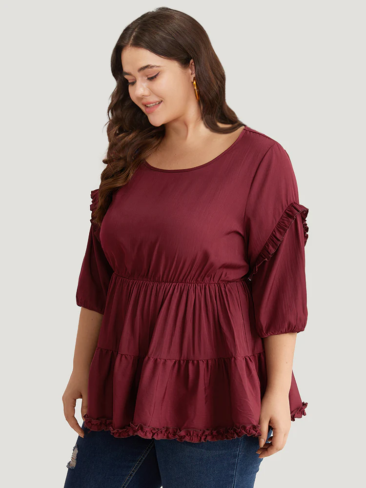 Plain Frill Trim Layered Hem Lantern Sleeve Blouse - Image 2