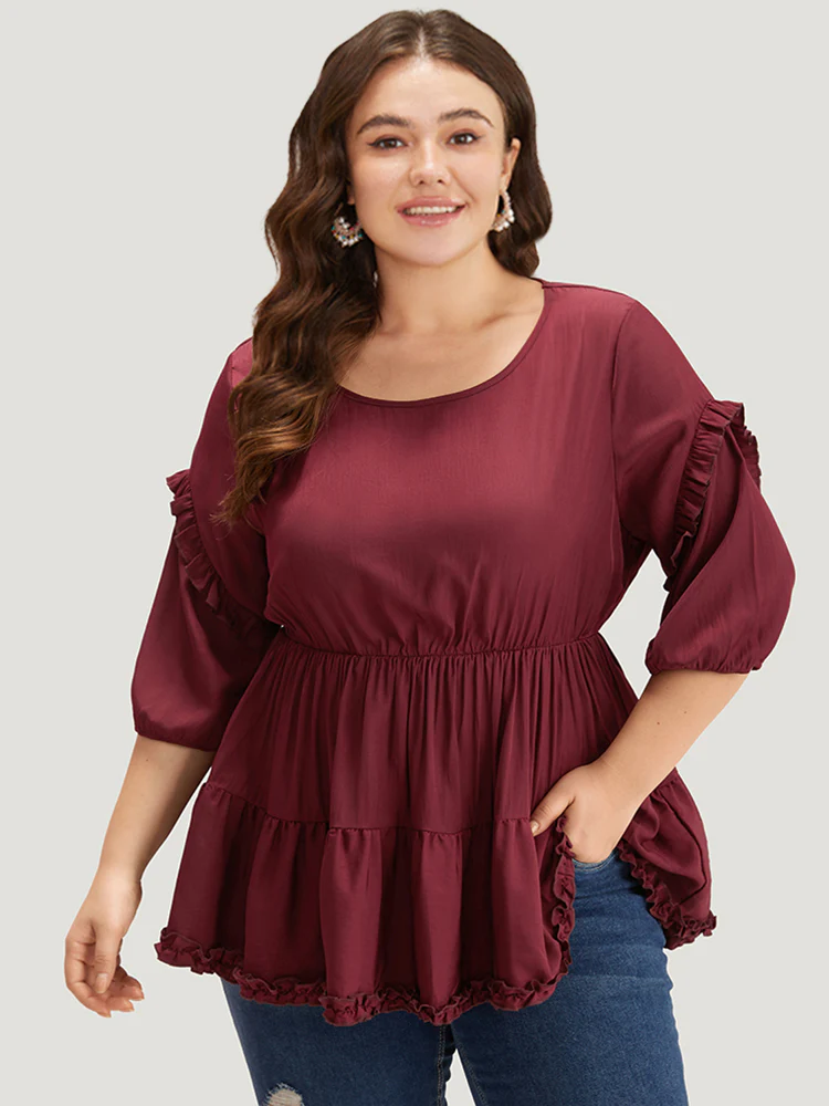 Plain Frill Trim Layered Hem Lantern Sleeve Blouse - Image 3