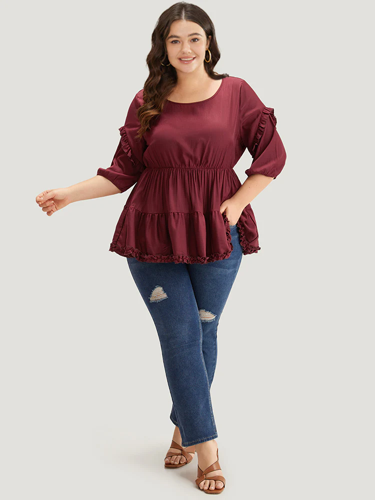 Plain Frill Trim Layered Hem Lantern Sleeve Blouse - Image 4