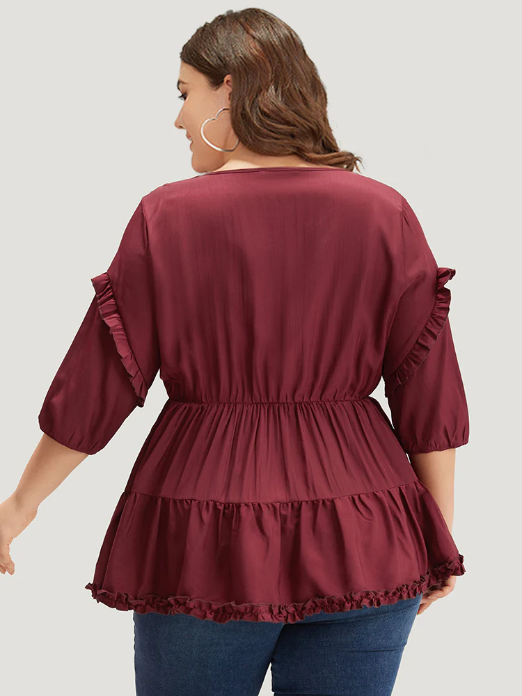 Plain Frill Trim Layered Hem Lantern Sleeve Blouse - Image 5