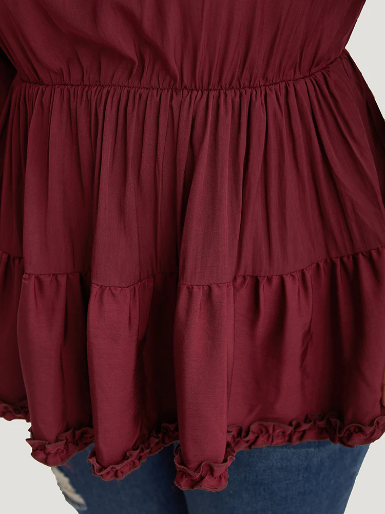 Plain Frill Trim Layered Hem Lantern Sleeve Blouse - Image 8