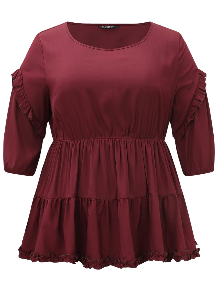 Plain Frill Trim Layered Hem Lantern Sleeve Blouse - Image 9