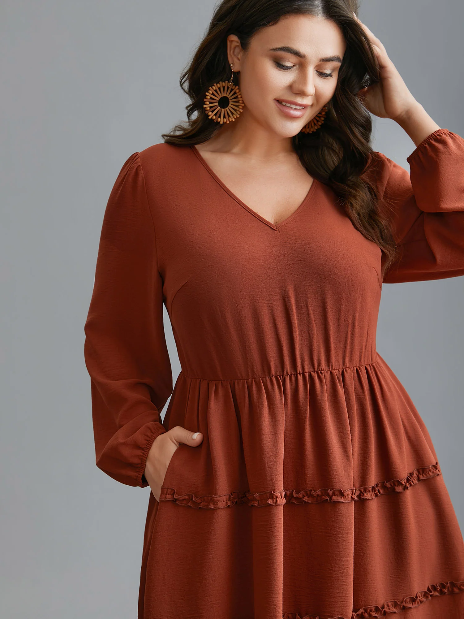 Plain Frill Trim Ruffle Layered Hem Dress - Image 2