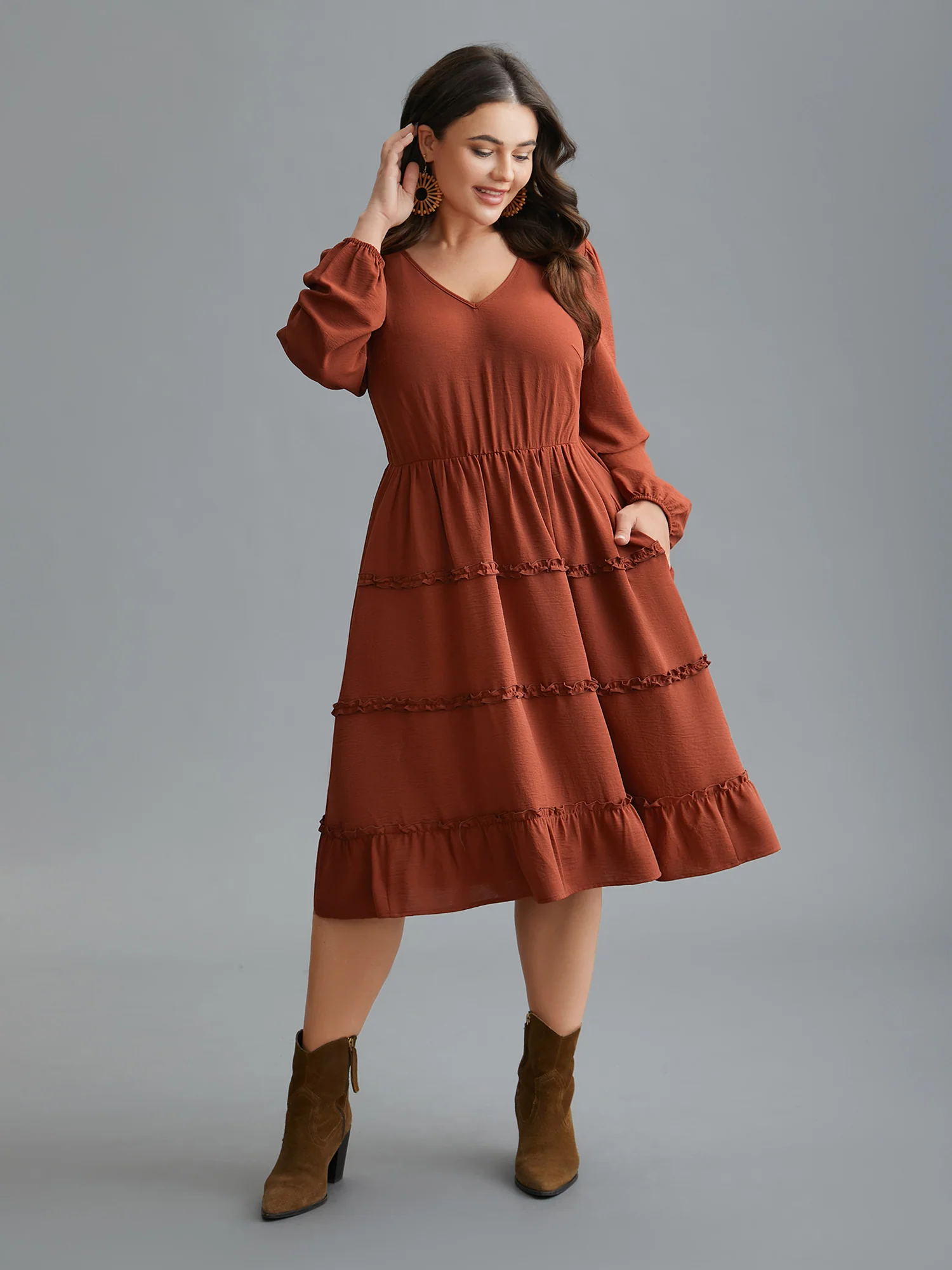 Plain Frill Trim Ruffle Layered Hem Dress - Image 3