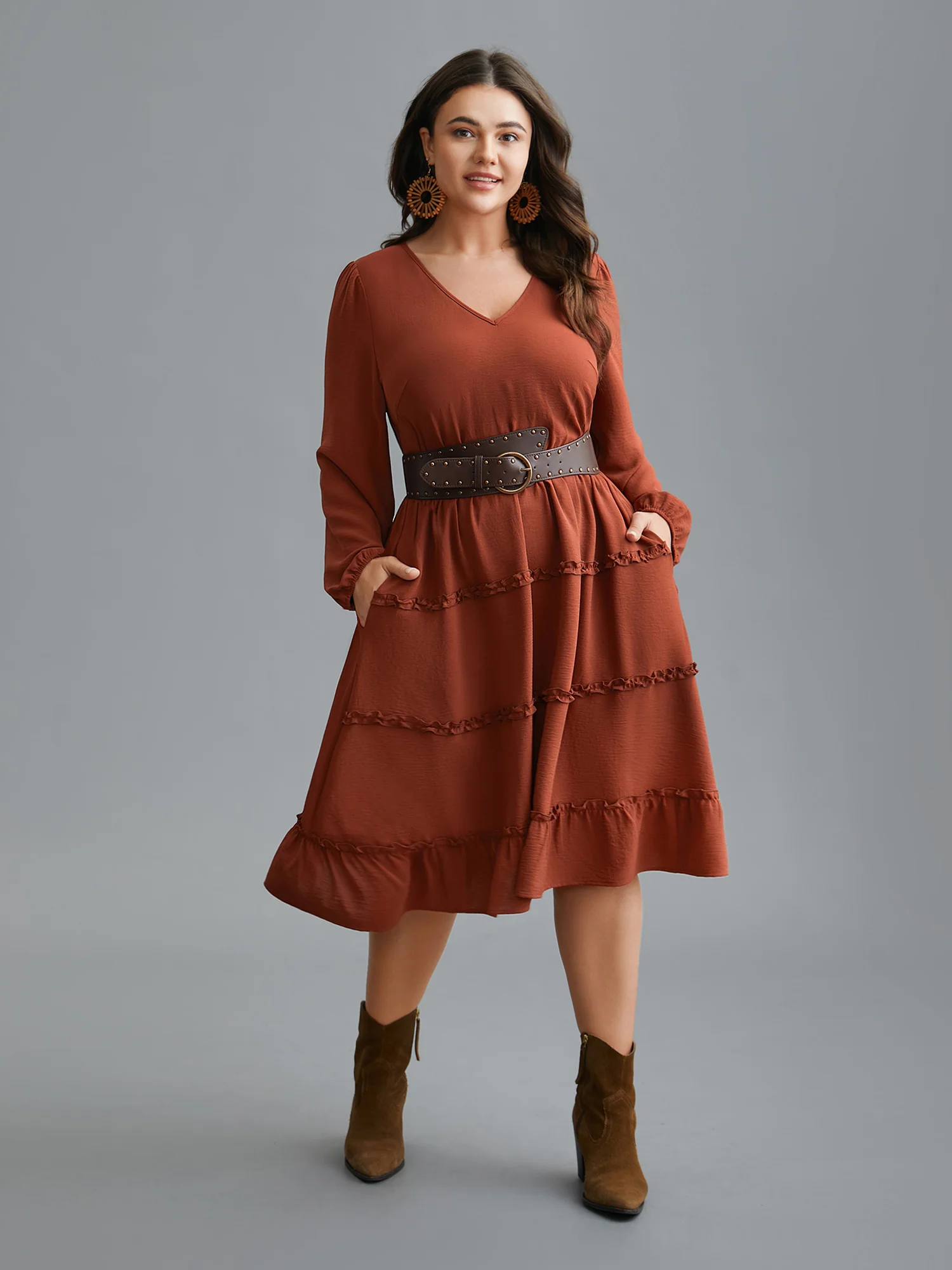 Plain Frill Trim Ruffle Layered Hem Dress - Image 4
