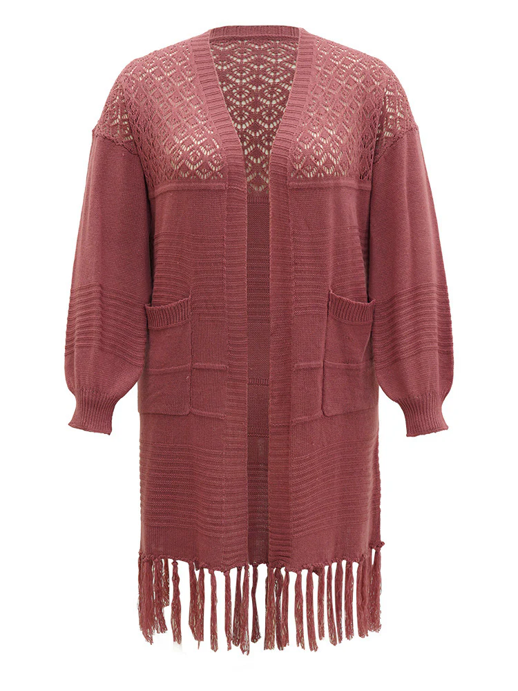 Plain Fringe Trim Patched Pocket Cardigan - Image 10