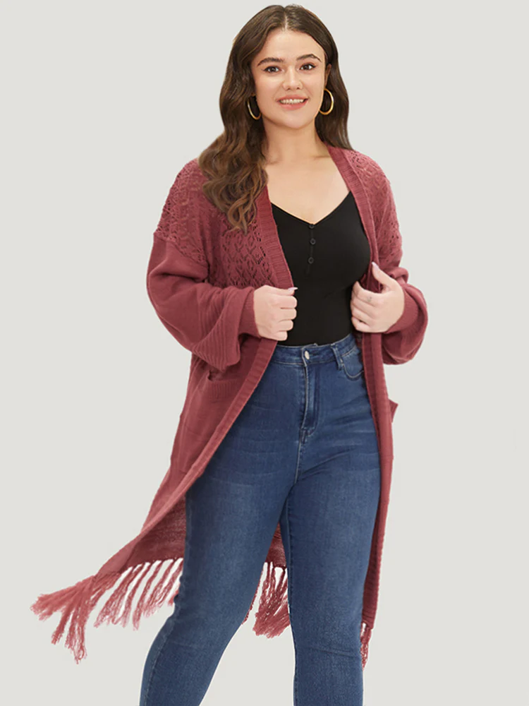 Plain Fringe Trim Patched Pocket Cardigan - Image 2
