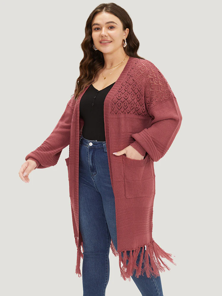 Plain Fringe Trim Patched Pocket Cardigan - Image 4