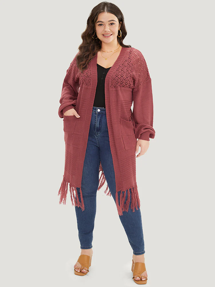 Plain Fringe Trim Patched Pocket Cardigan - Image 5