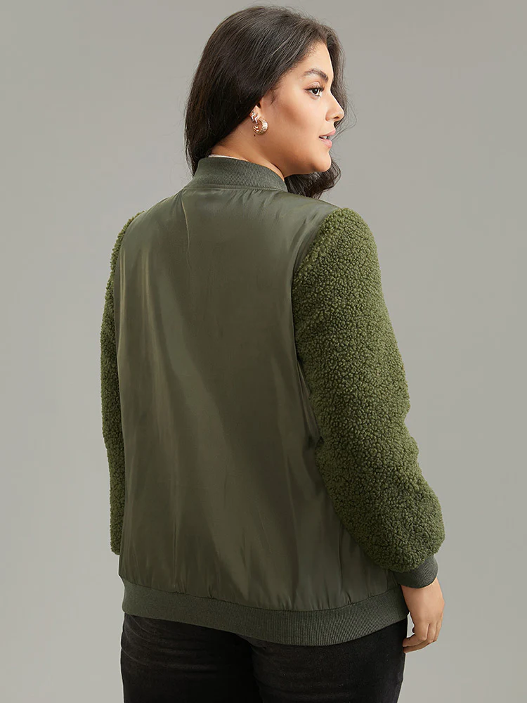 Plain Fuzzy Patchwork Zipper Flap Pocket Jacket - Image 2