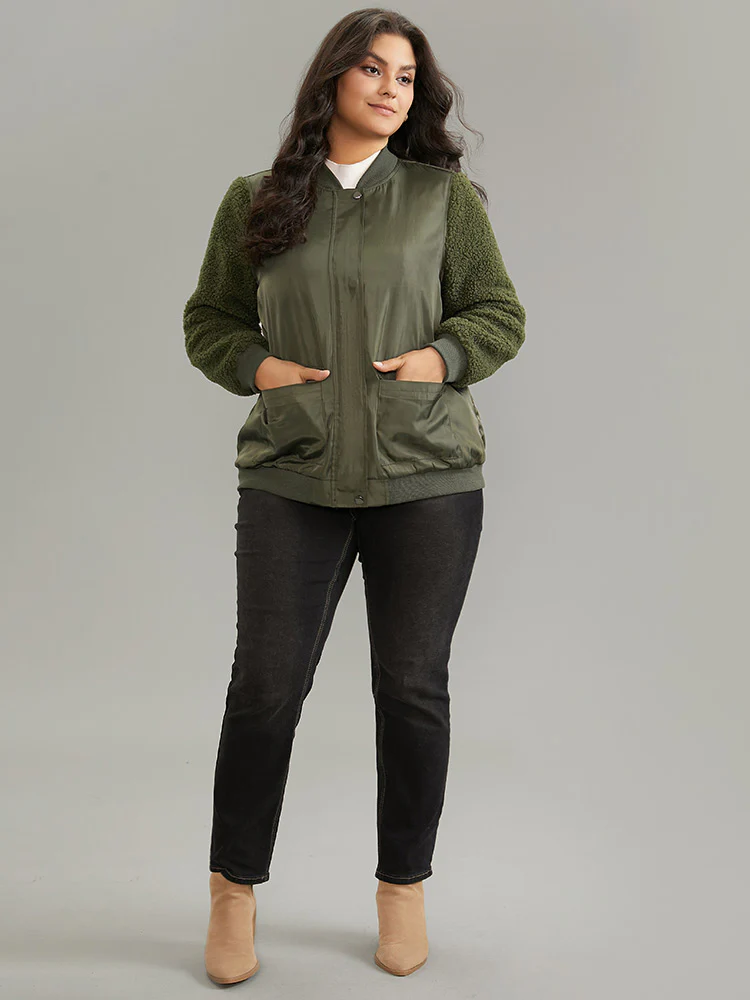 Plain Fuzzy Patchwork Zipper Flap Pocket Jacket - Image 3