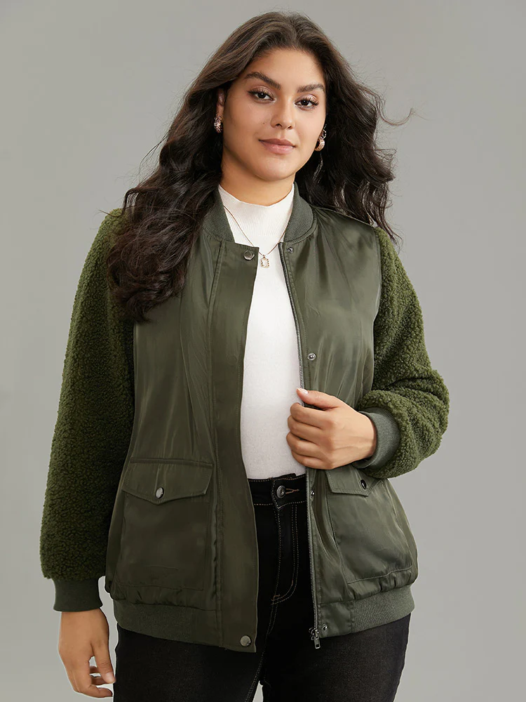 Plain Fuzzy Patchwork Zipper Flap Pocket Jacket - Image 4