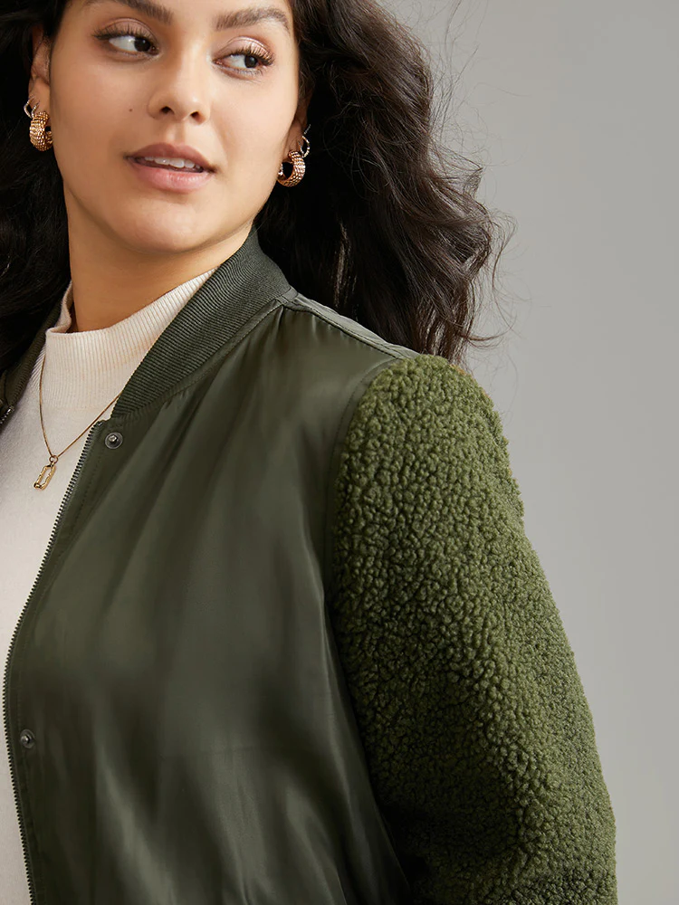Plain Fuzzy Patchwork Zipper Flap Pocket Jacket - Image 5