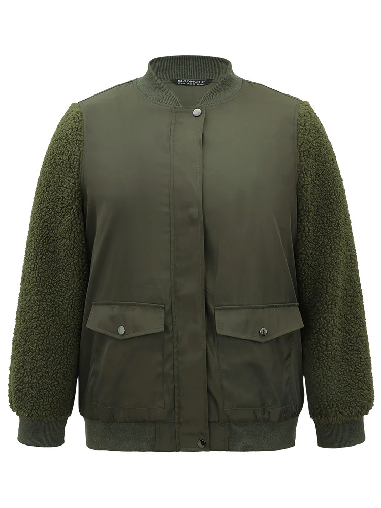 Plain Fuzzy Patchwork Zipper Flap Pocket Jacket - Image 6