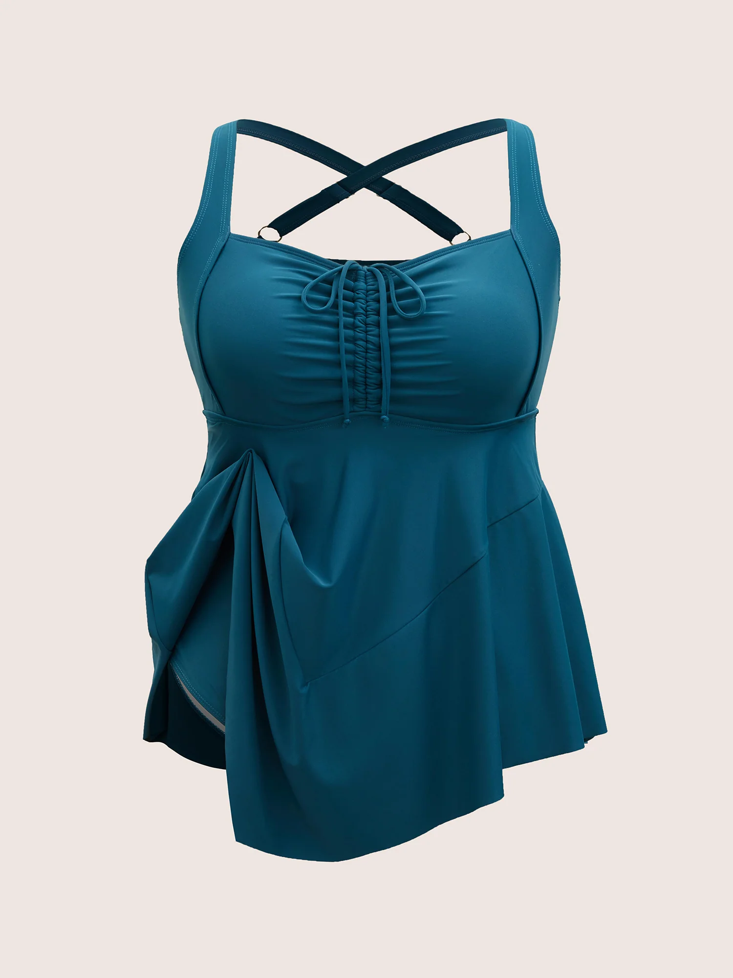 Plain Gathered Adjustable Straps Drawstring Swim Dress - Image 6