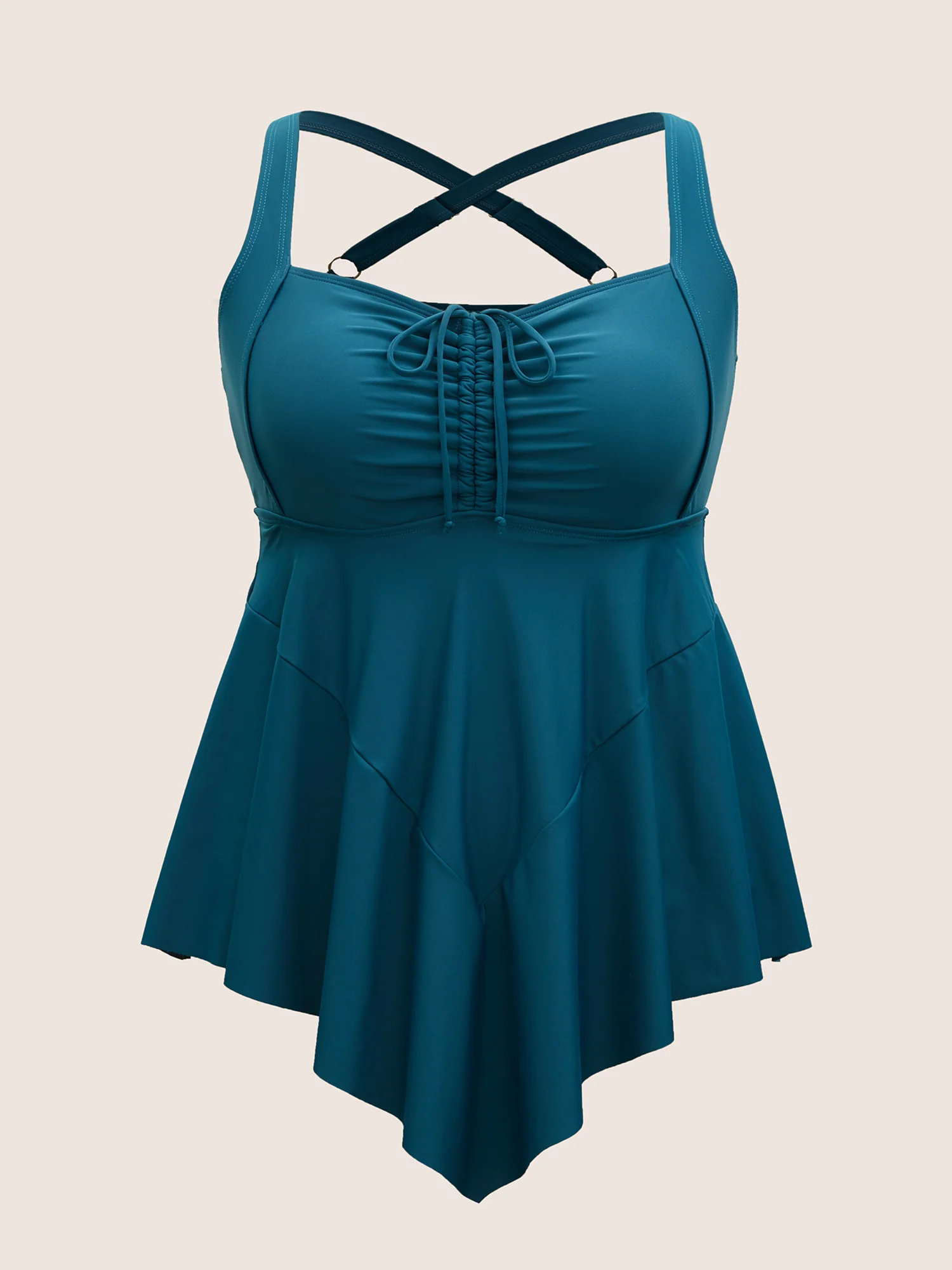 Plain Gathered Adjustable Straps Drawstring Swim Dress - Image 7