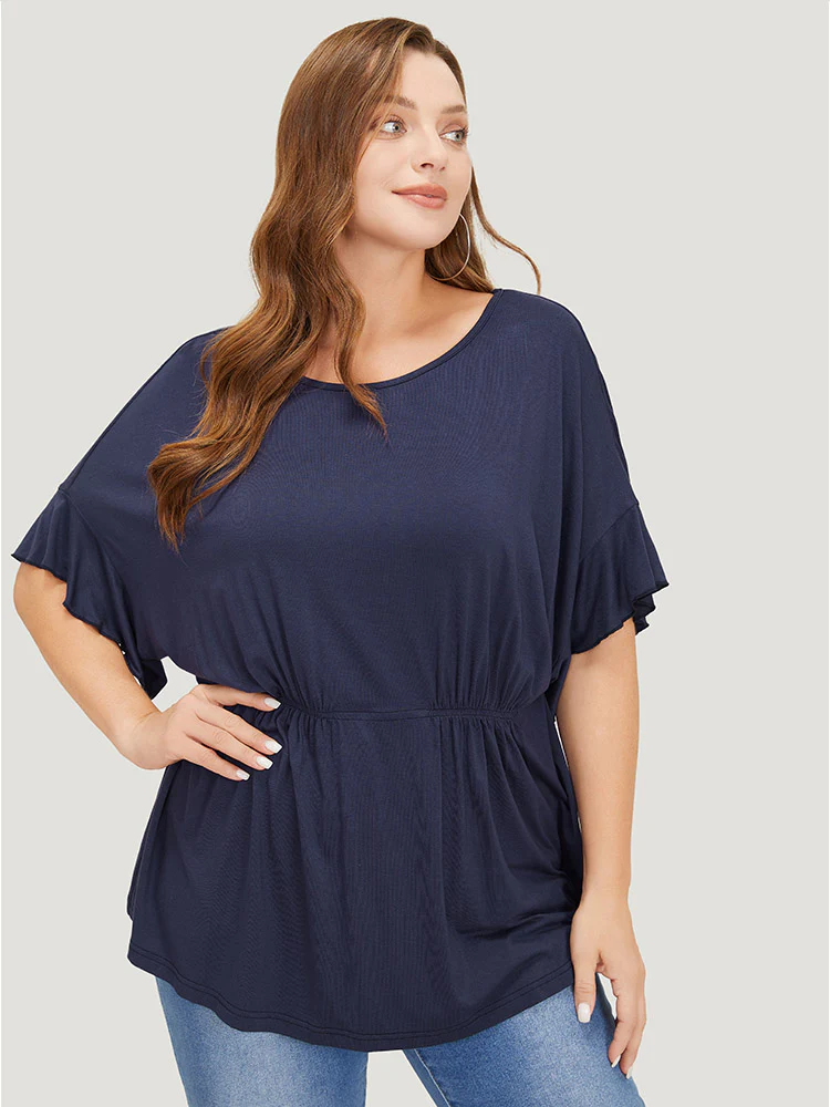 Plain Gathered Batwing Sleeve Ruffle T-shirt - Image 2