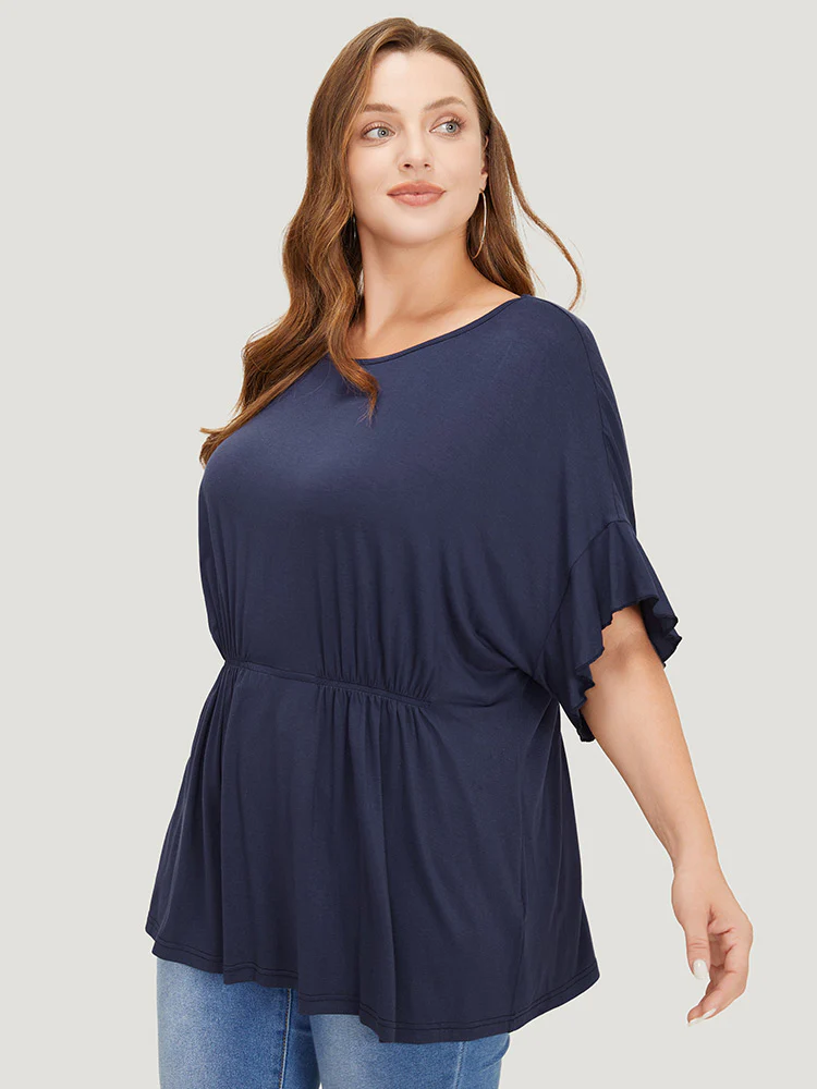 Plain Gathered Batwing Sleeve Ruffle T-shirt - Image 3