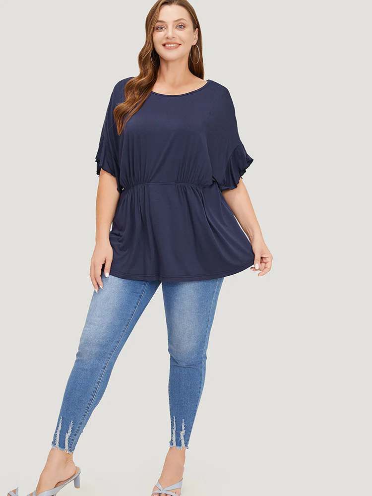 Plain Gathered Batwing Sleeve Ruffle T-shirt - Image 4