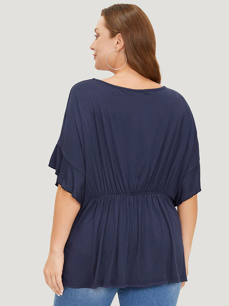 Plain Gathered Batwing Sleeve Ruffle T-shirt - Image 5