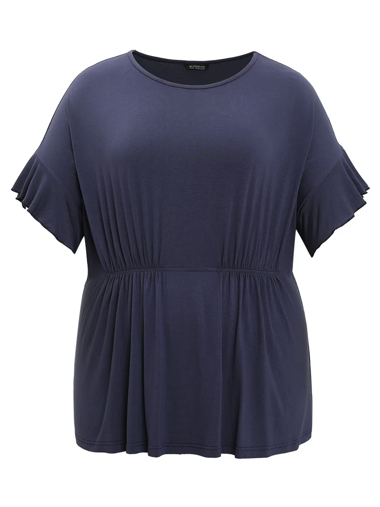 Plain Gathered Batwing Sleeve Ruffle T-shirt - Image 9