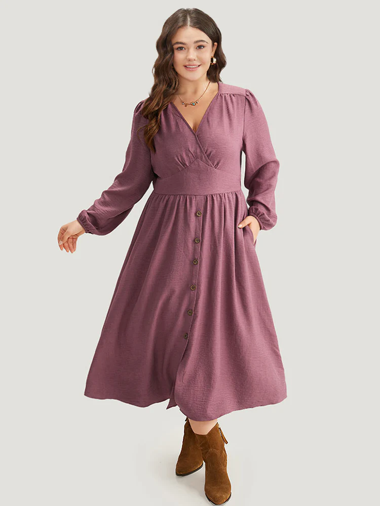 Twill Gathered Button Detail Lantern Sleeve Dress - Image 2