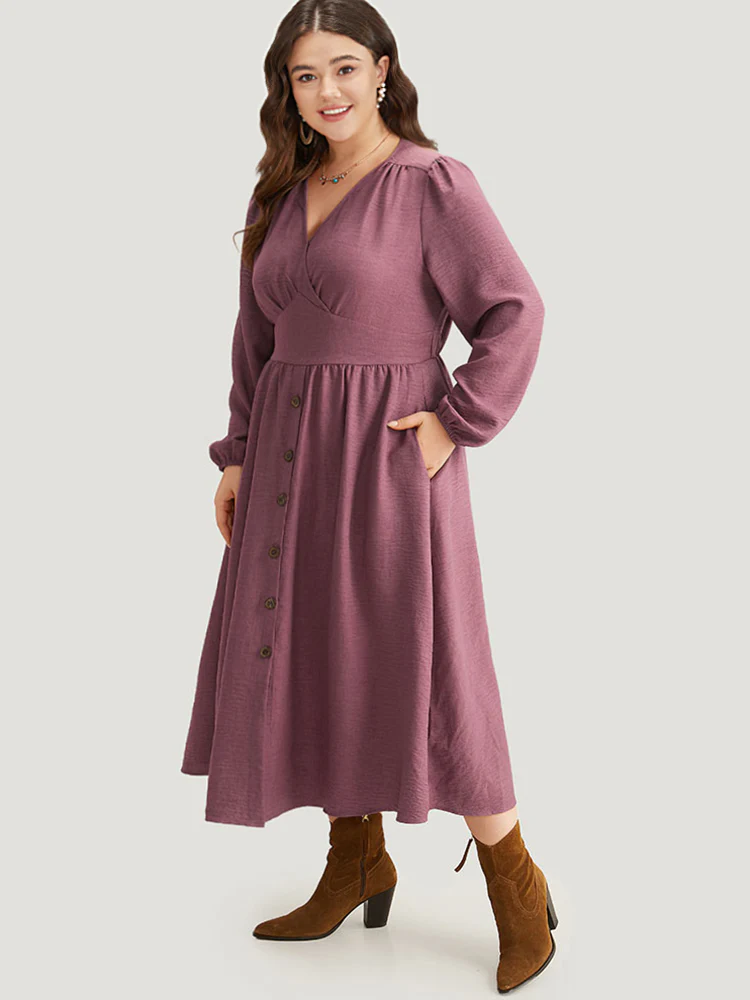 Twill Gathered Button Detail Lantern Sleeve Dress - Image 3